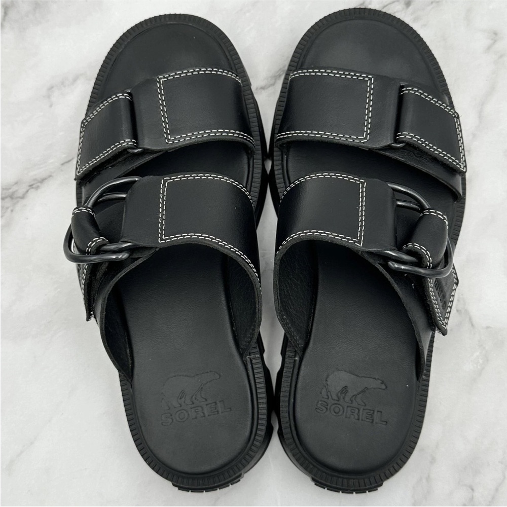 Sorel Sandals Womens Size 6 Black Leather Slides Adjustable Strap NL5223-010 - Picture 5 of 12